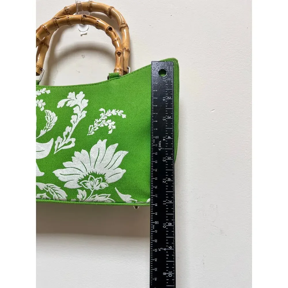 Vintage Kate Spade Flaw Green White Floral Bamboo Handles Rhinestones Detail Bag